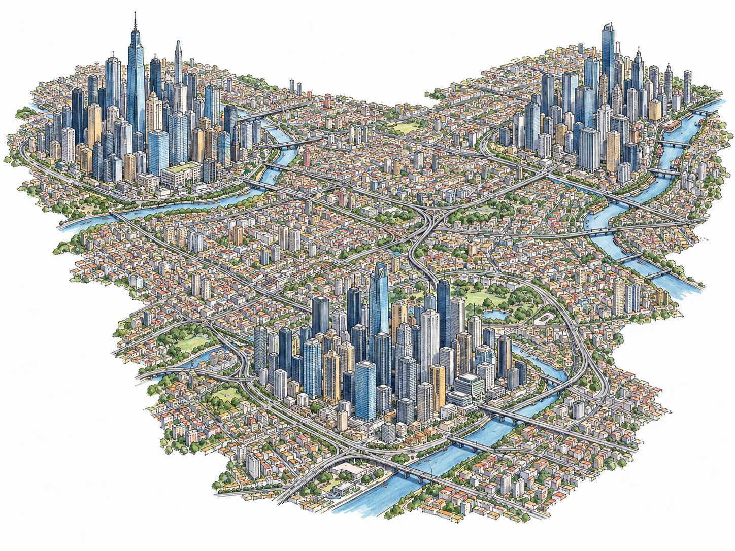 Compact aerial isometric diagram-like illustration of enormous urban region: THREE distinct dense high-rise city cores connected by continuous belts of closely packed low buildings and roads.