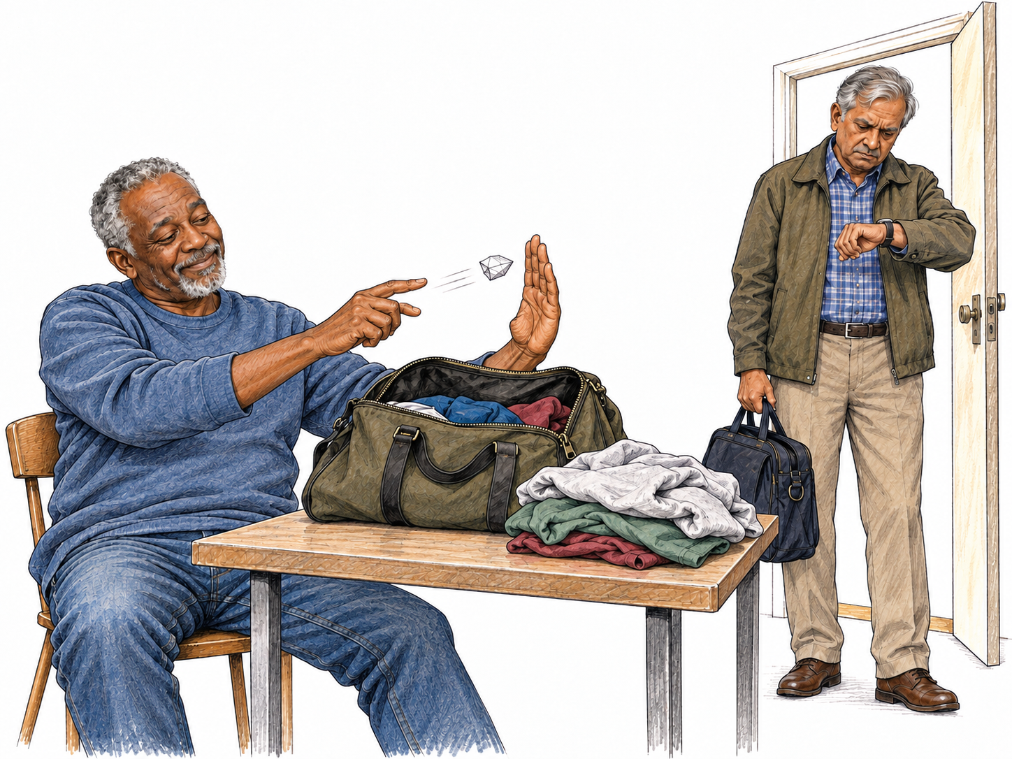 An older man dallies over a tiny paper football while packing remains conspicuously unfinished; his ready-to-leave companion waits at the open doorway, checking his watch.
