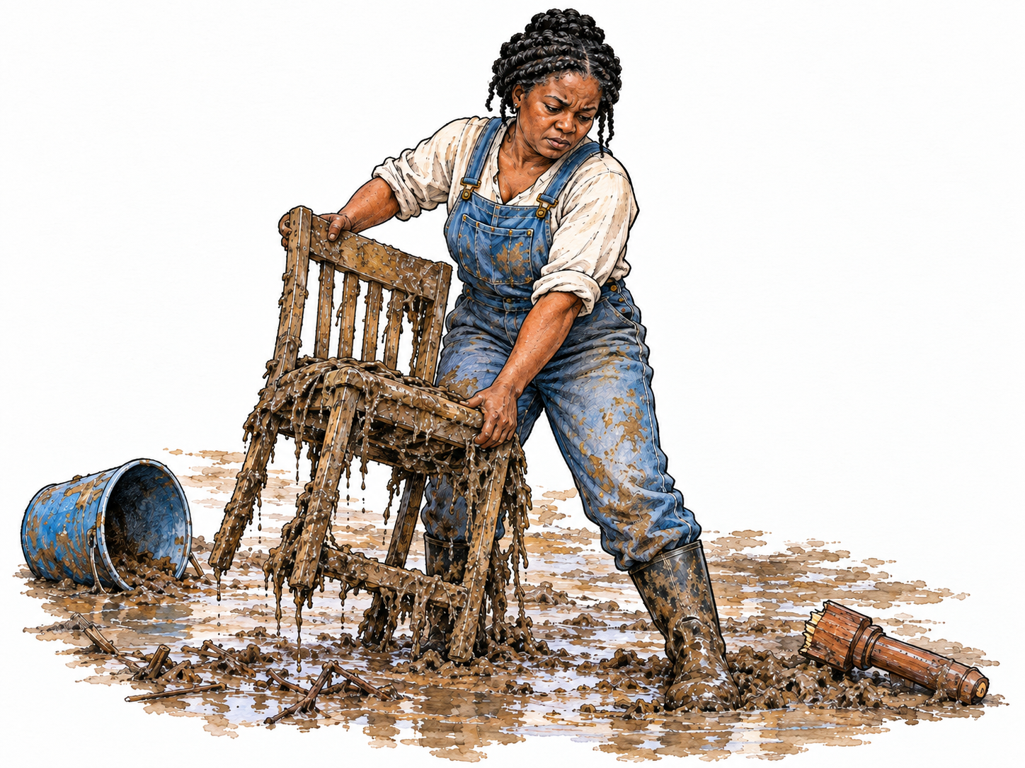After flood damage, woman stoically lifts a mud-soaked chair from small ruined household patch, overturned bucket and broken table leg show serious hardship; resilient strained face, sparse scene.
