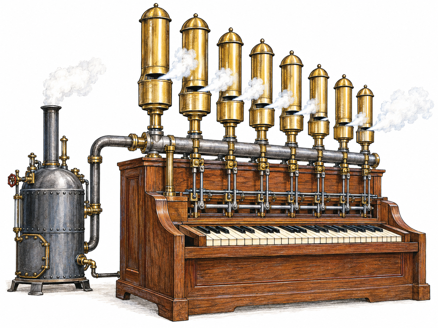 An operating steam calliope shown close up: graduated brass whistles connected to a steam manifold, a visible keyboard and valve linkages, and a small boiler supplying steam.