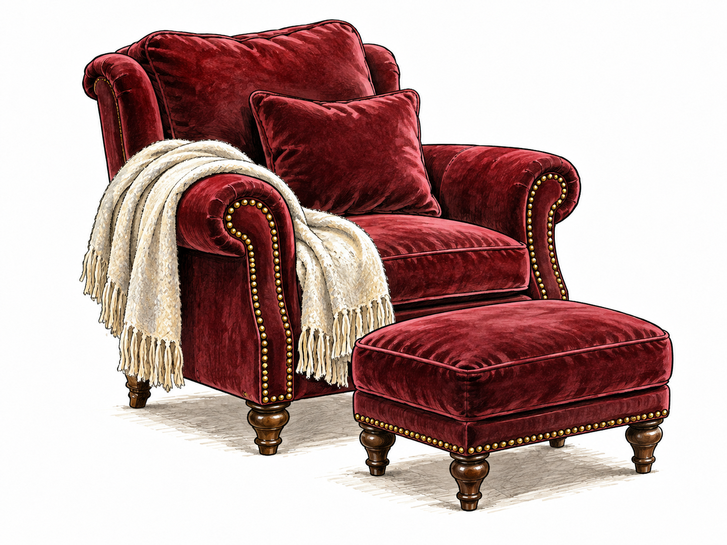 Plush wide armchair with thick velvet cushions, soft throw and elegant small footstool, highly comfortable furniture, no people.