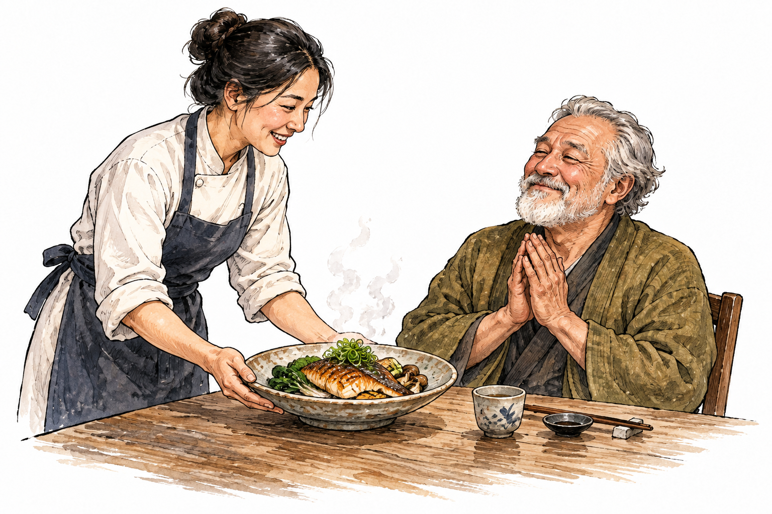 An East Asian cook presents a carefully prepared meal to a pleased older guest.