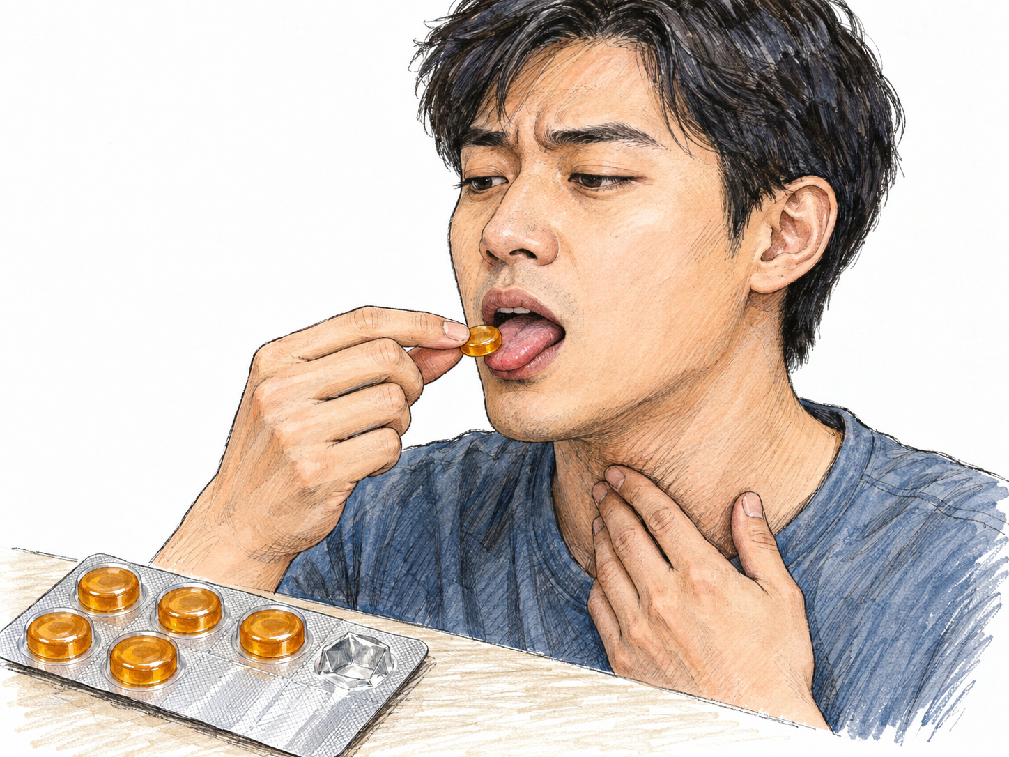 A young man with a sore throat places a small amber lozenge on his tongue; a pharmaceutical blister strip with matching tablets makes the medicinal context visible.