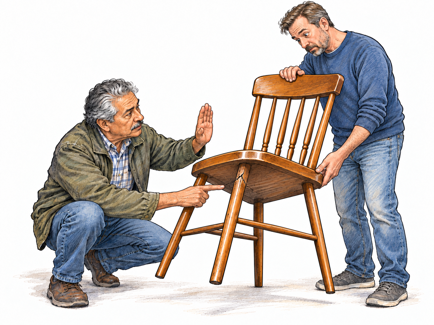 An astute buyer looks beneath a polished secondhand chair, spots a concealed structural crack, and declines the purchase despite the seller's presentation of its attractive finish.