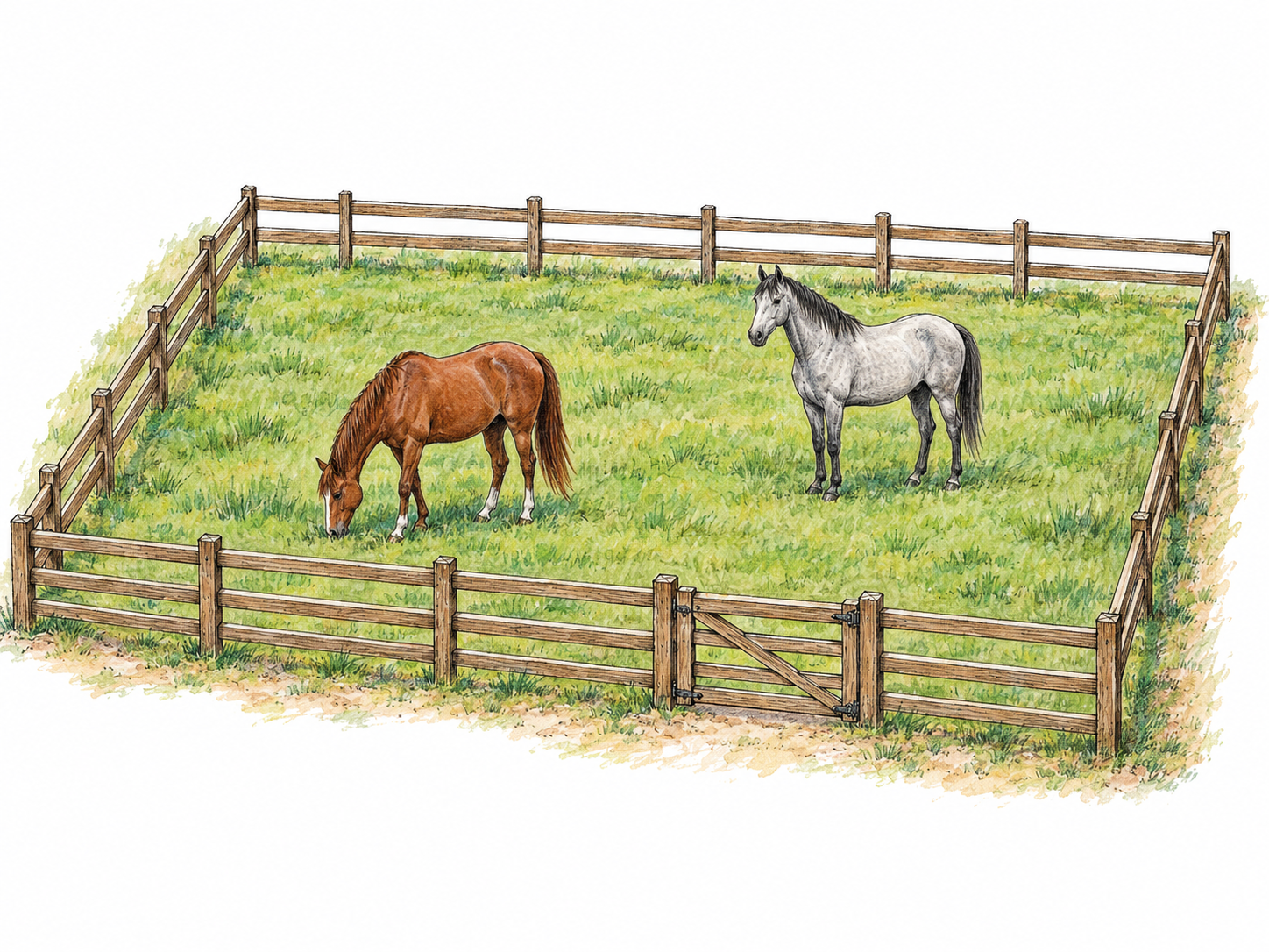 A small grassy horse enclosure seen from a slightly elevated angle, with its entire wooden fence perimeter and closed gate visible.