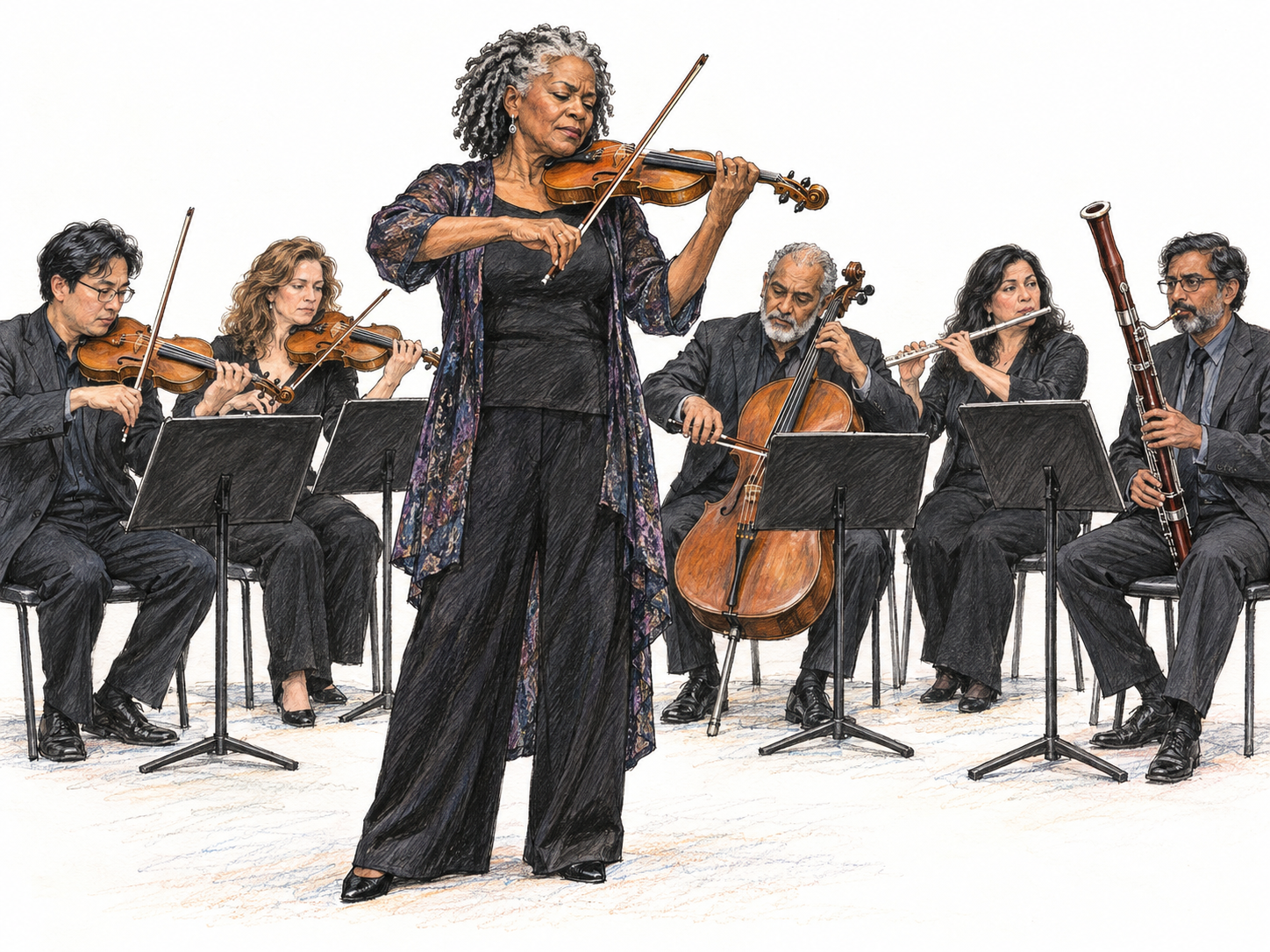 A featured violin soloist stands prominently in front of a seated chamber orchestra, playing while the ensemble accompanies her.
