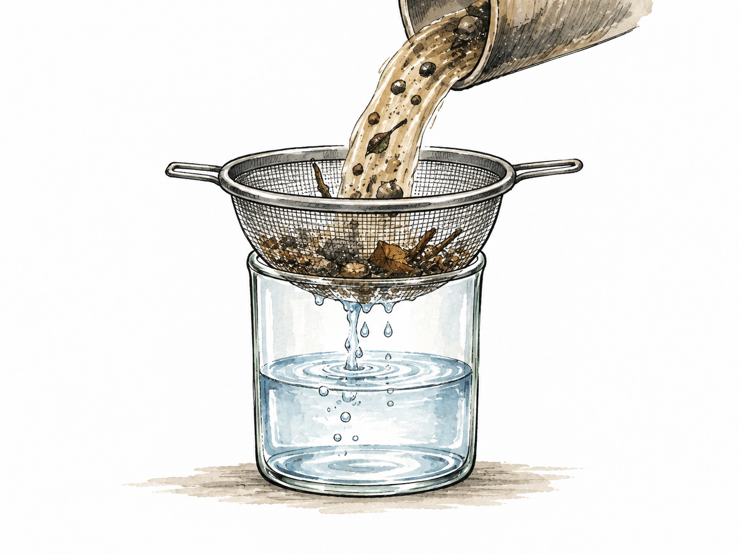 Cross-section of a simple mesh water filter traps visible dirt above while clear water passes below.