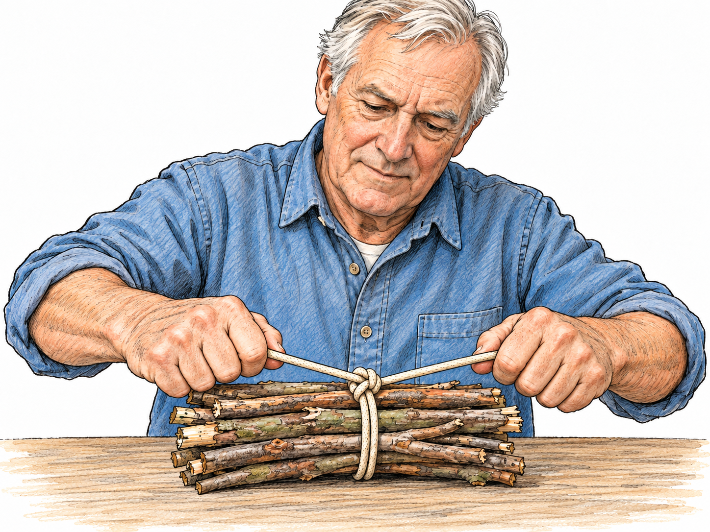 An older man pulls the two ends of a cord outward to tighten a clearly visible knot around a small bundle of sticks.