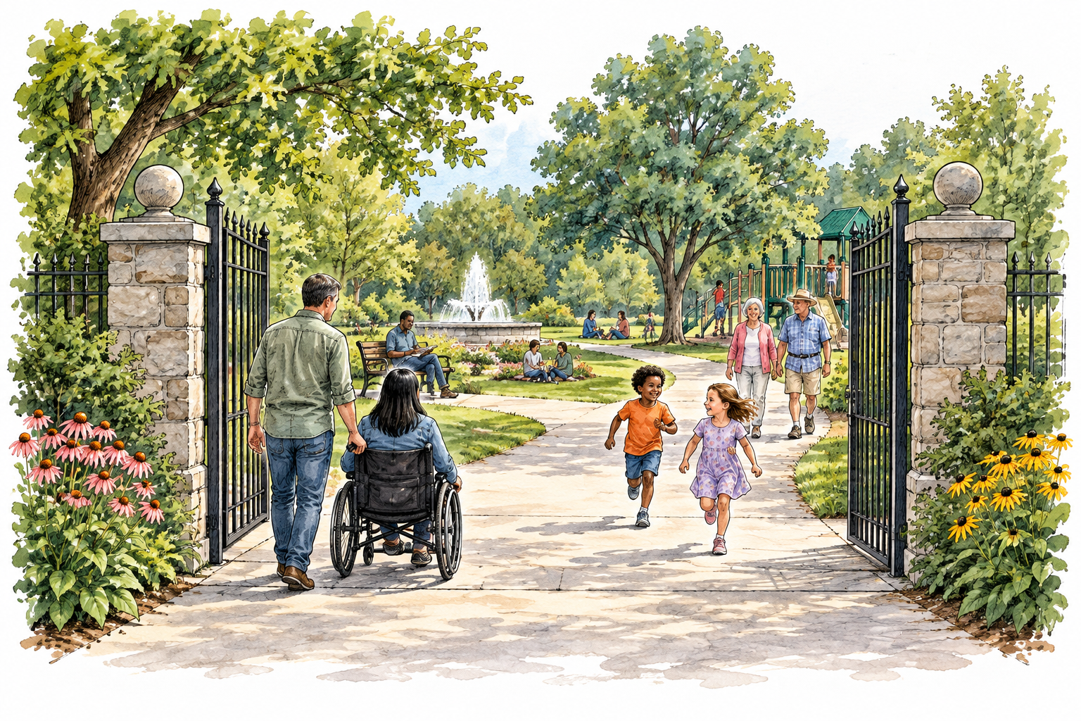 A welcoming public park with open gates used by neighbors of different ages, including a wheelchair user, no admission barrier or signs.