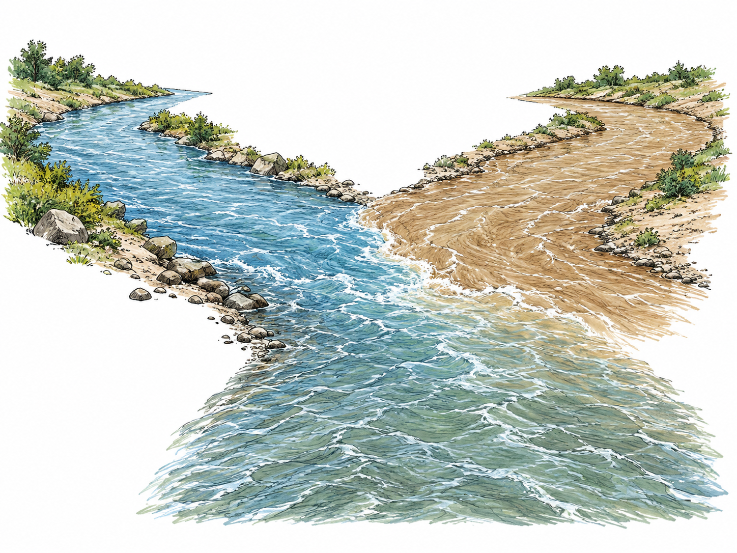 Two rivers meet at distinct Y-shaped junction, one blue and one brownish stream mingle into one course, clear meeting point foreground; minimal banks and white background.