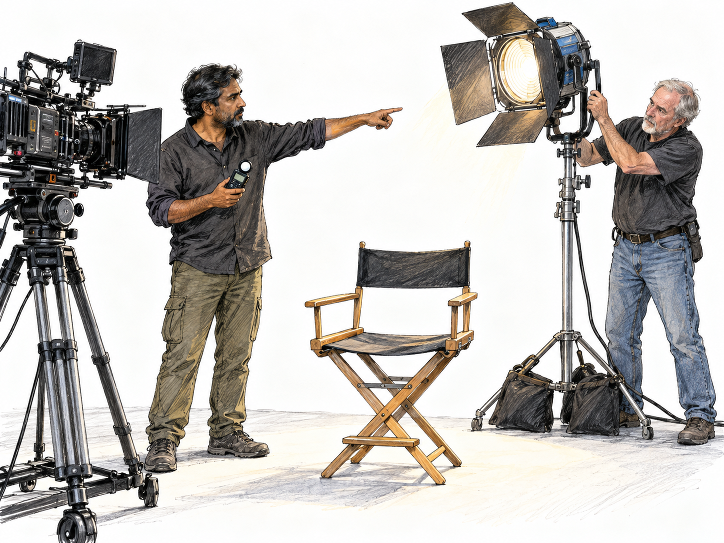 On a film set, the chief lighting technician checks the light with a handheld meter and directs a crew member adjusting a large studio lamp; a cinema camera establishes the filming context.