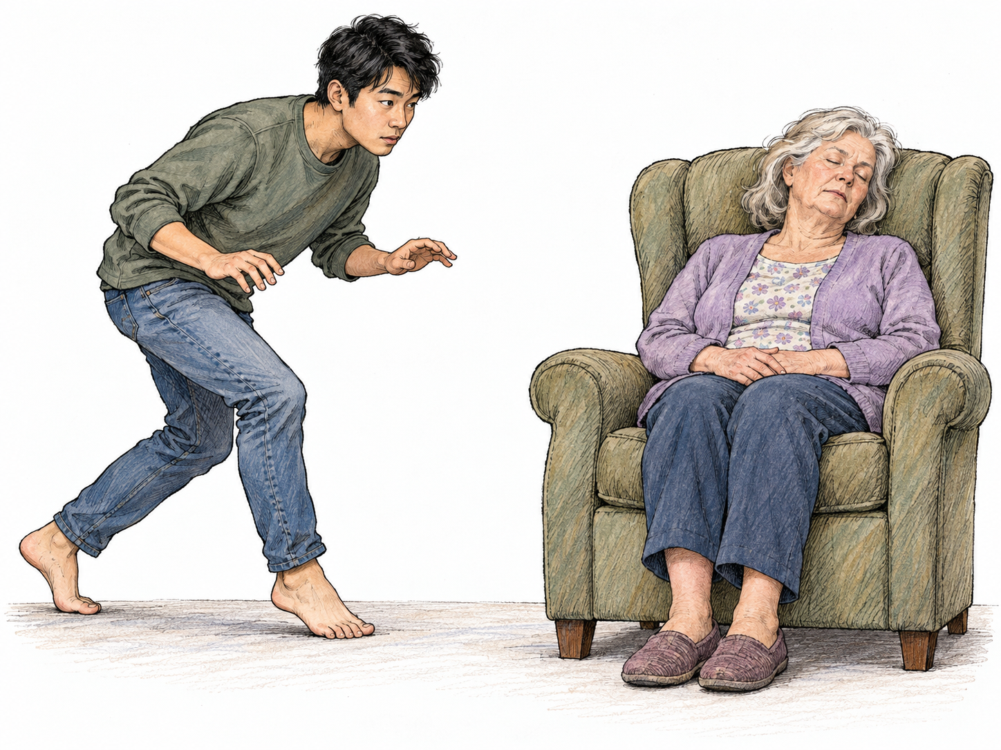 A young man creeps on tiptoe past a sleeping older woman, knees bent and body lowered, carefully placing one bare foot while watching her to avoid waking her.