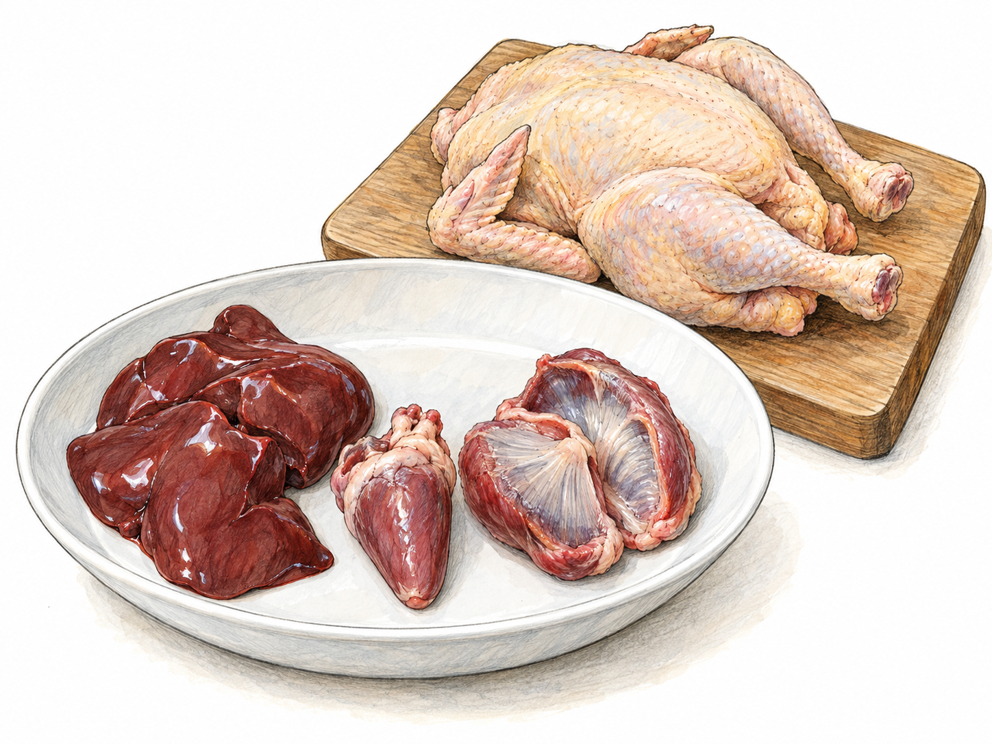 A kitchen-preparation still life centered on a small dish of recognizable chicken liver, heart and cleaned gizzard, beside a plucked, uncooked whole chicken that establishes their poultry source.