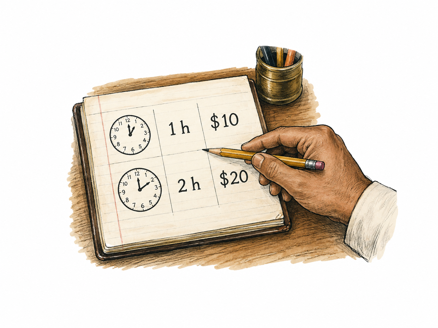 A small handwritten service ledger on a desk displays ONLY two rows: '1 h $10' and '2 h $20', with one simple analog clock icon beside each row.