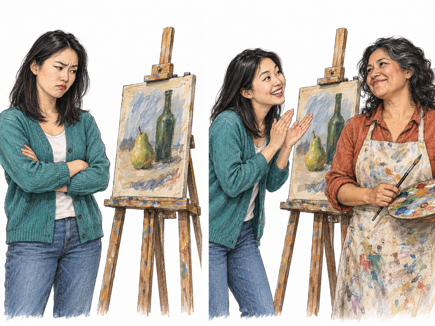 Flattery shown through a visitor's abrupt change from dismissing a painting in private to lavishly applauding it when its proud painter arrives.