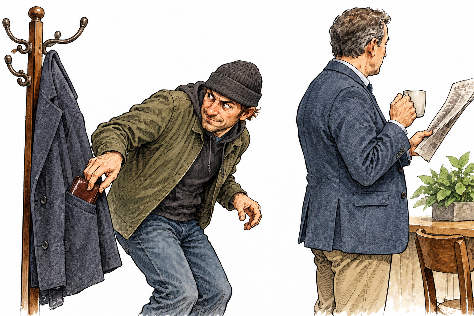 A person secretly steals another's wallet from a coat while its owner looks away, wrongful act clearly shown critically, no letters.