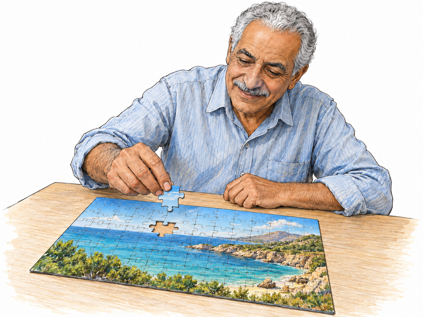 An older man places the final piece into an otherwise complete jigsaw puzzle.