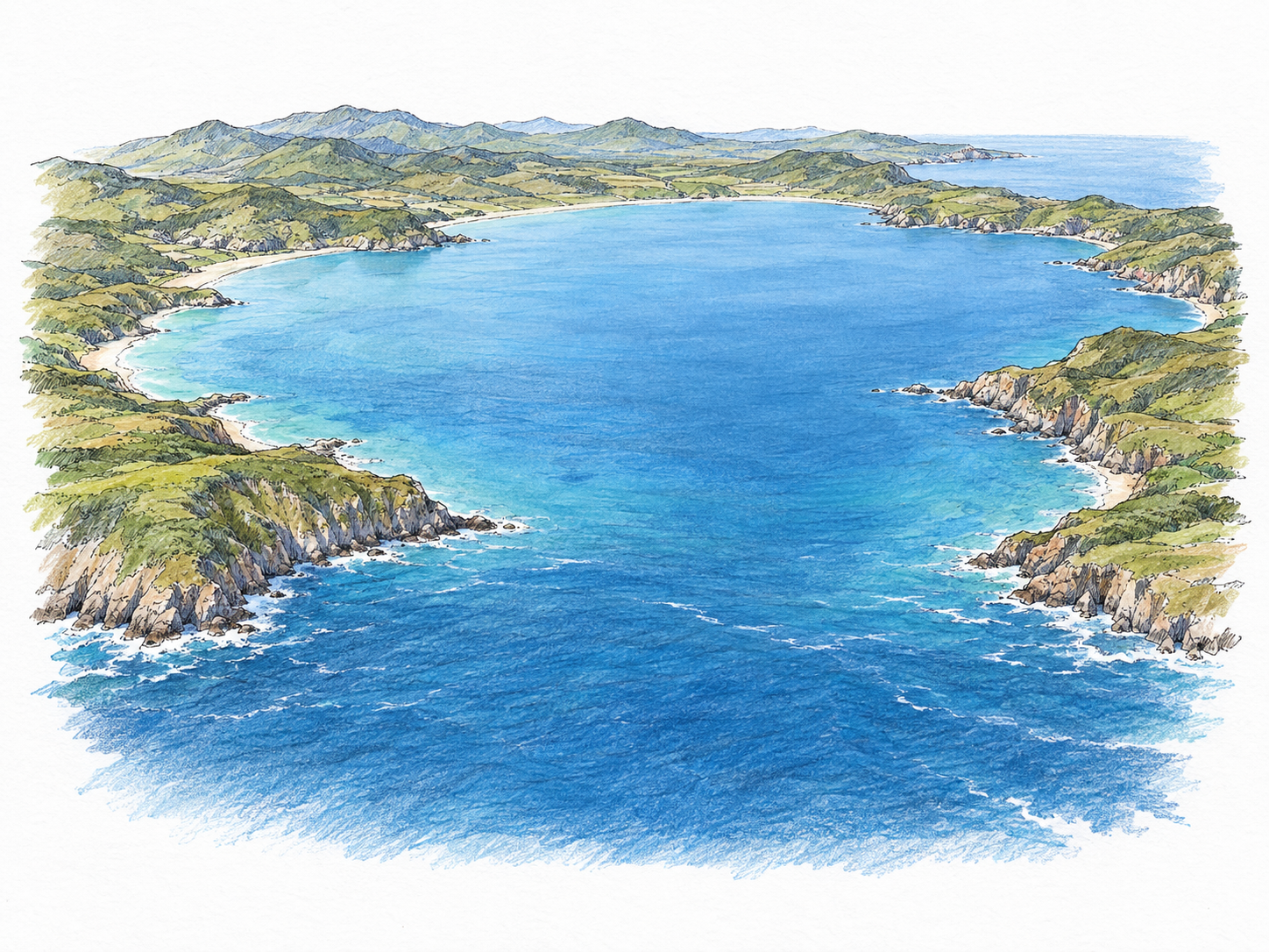 An elevated coastal view showing a vast arm of the sea enclosed on three sides by land, with a broad, clearly visible opening into the open ocean.