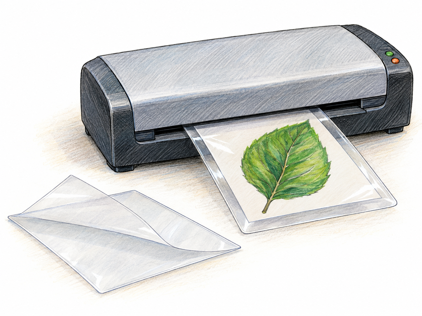 A tabletop laminator bonds a transparent protective pouch around a small botanical picture.