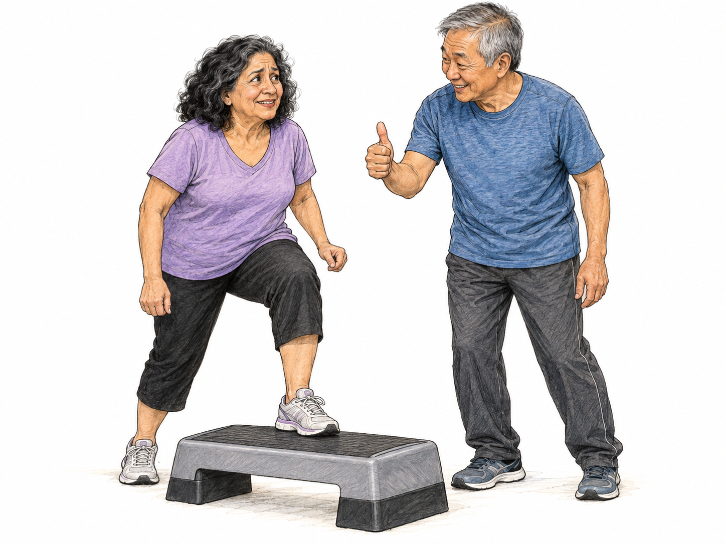 An older woman hesitates midway through stepping onto a low exercise platform while her companion leans into her sightline with a warm smile and an emphatic thumbs-up.