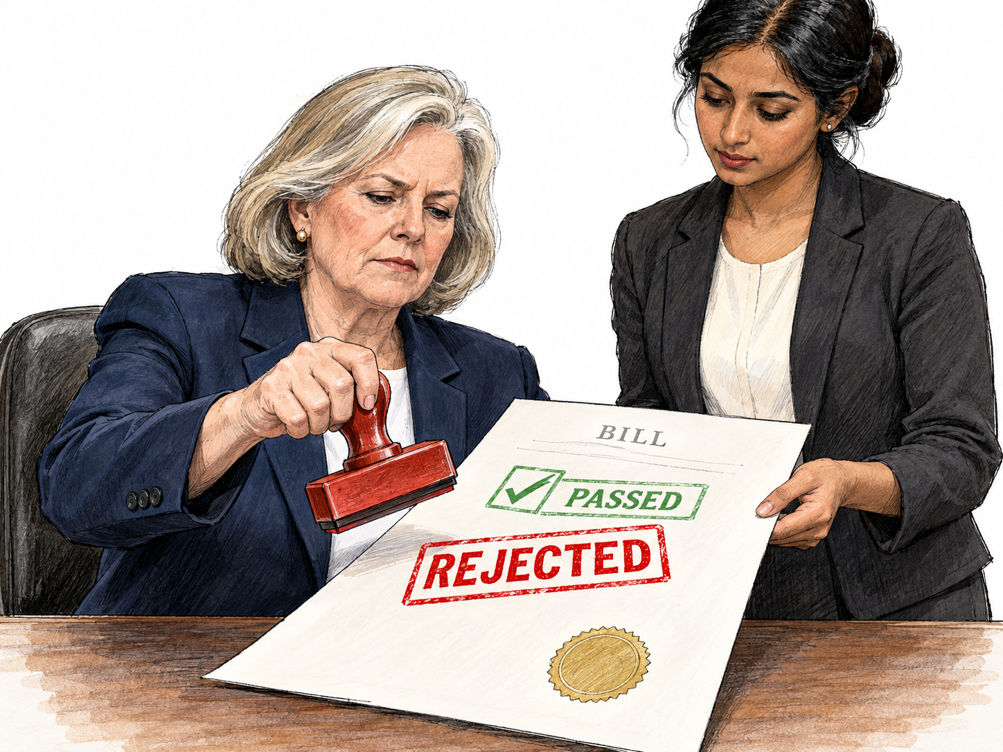 A senior government official blocks a bill already passed by the legislature, stamping its document 'REJECTED' while an aide presents it.