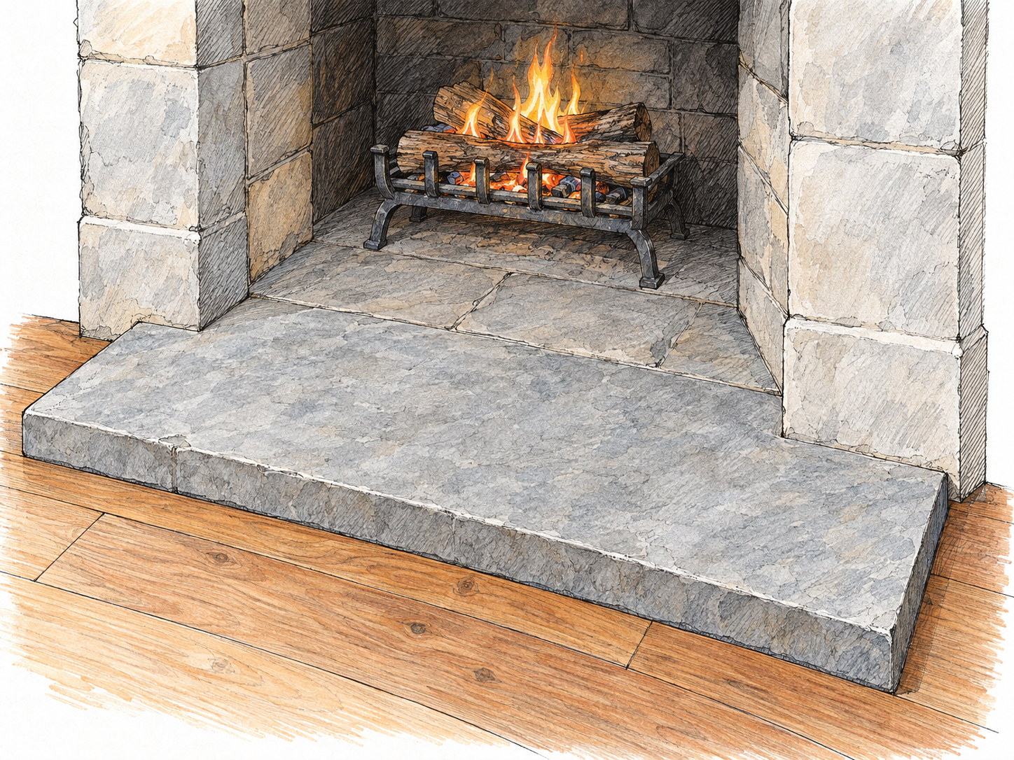 A close, slightly elevated view of a fireplace base, emphasizing the broad stone hearth extending from beneath the firebox onto the surrounding wooden floor.