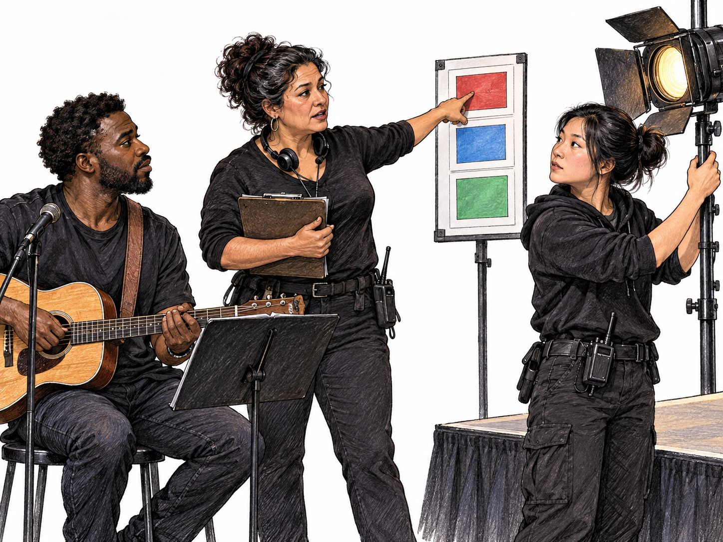 A stage manager coordinates the musician and technician, pointing to a simple unlettered cue board with colored blocks as both ready their respective tasks; only a small stage edge and lamp.