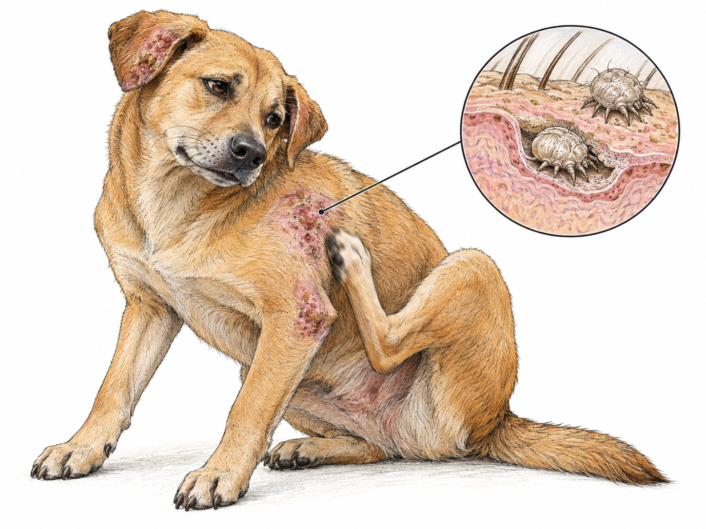 A dog scratches conspicuous crusted, hairless skin patches; a small connected magnification inset reveals rounded, eight-legged mange mites burrowing in the affected skin.