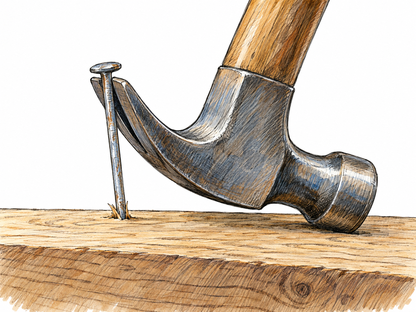A claw hammer pulls a partly embedded nail out of a wooden plank, with the exposed nail shaft and its remaining embedded tip clearly visible.