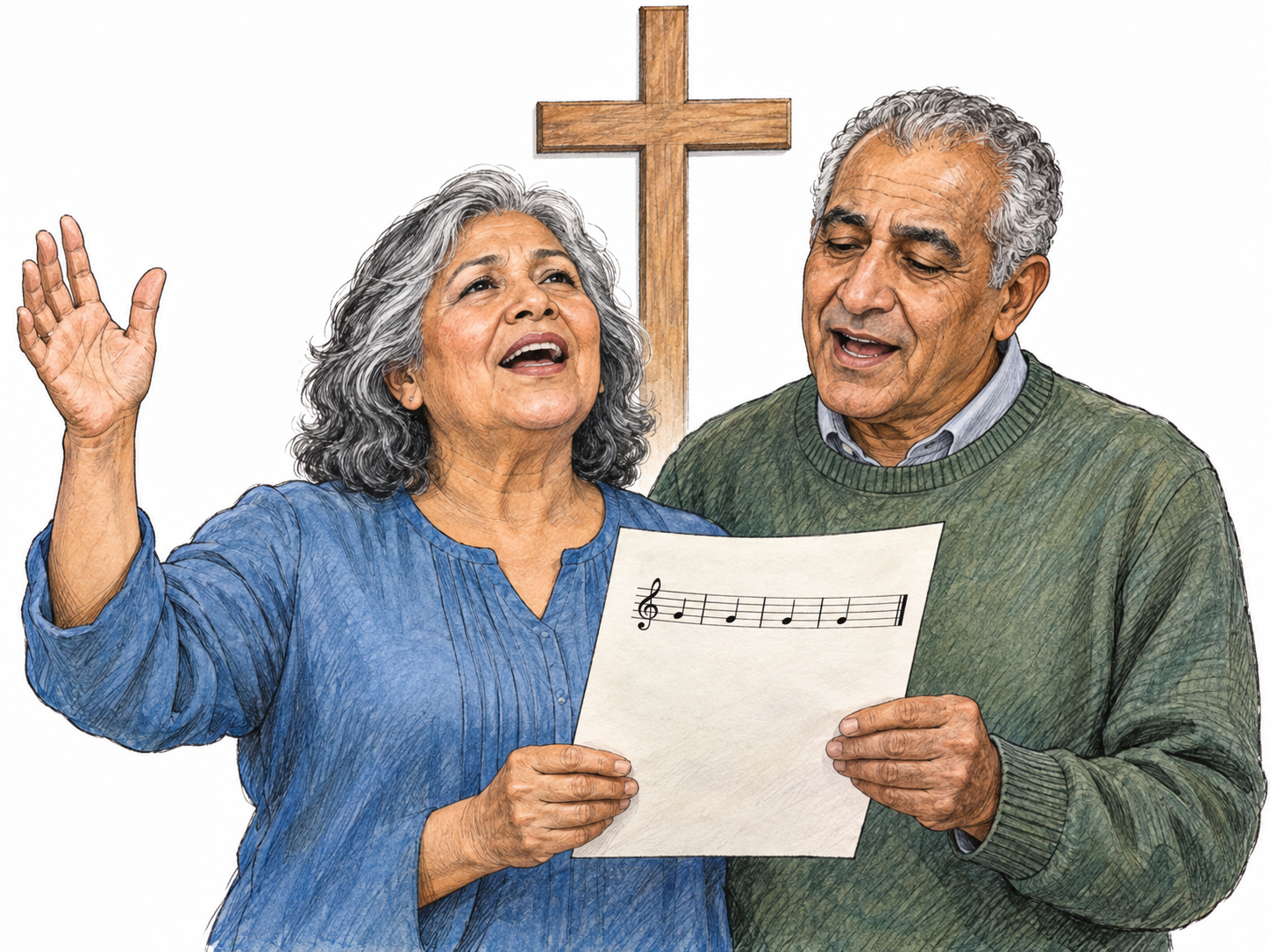 A small church ensemble sings a visibly brief musical passage in praise before a plain cross: a concrete depiction of a short hymn of praise to God.