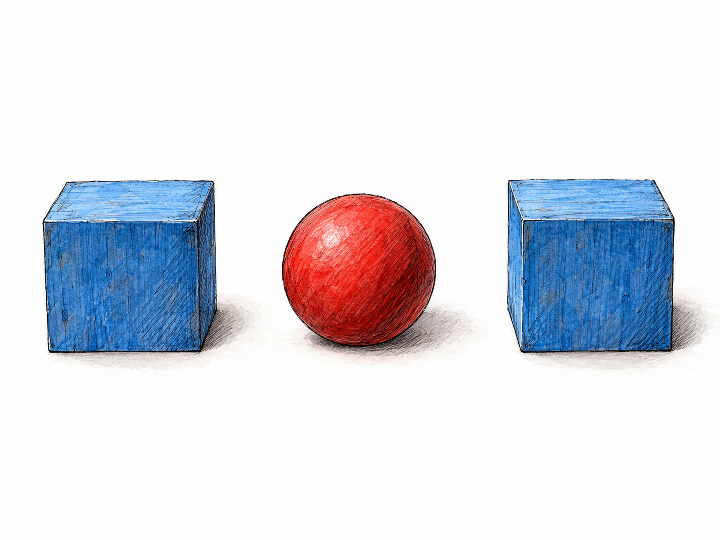 A small red ball rests exactly midway between two matching blue wooden blocks, all three aligned on the same surface.