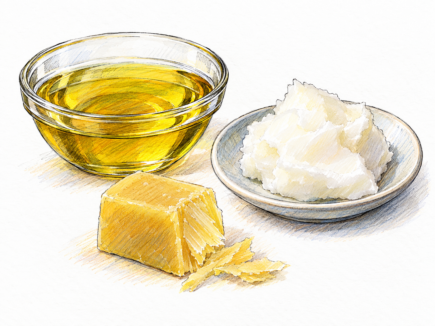 A simple still life of three fatty substances: golden oil in a small clear glass bowl, a pale yellow block of beeswax, and a soft white mound of cooking fat on a plain saucer.