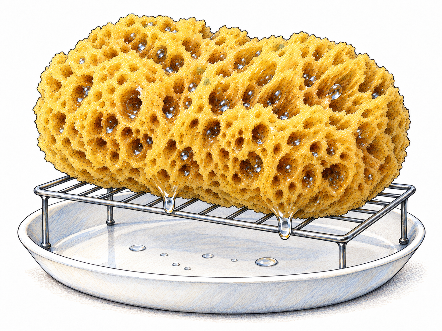 A thick, water-laden sponge retains moisture while resting on an open wire rack, with only a few drops falling into a nearly empty dish below.