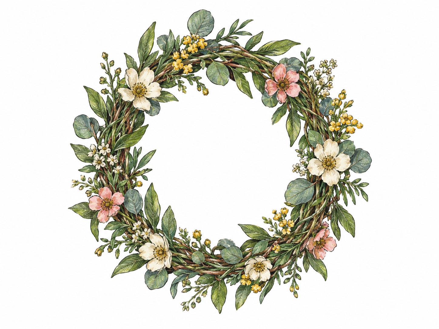A single circular wreath of interwoven leafy stems and small natural-colored flowers, with a clearly open center and a few exposed twists showing how the garland is wound together.