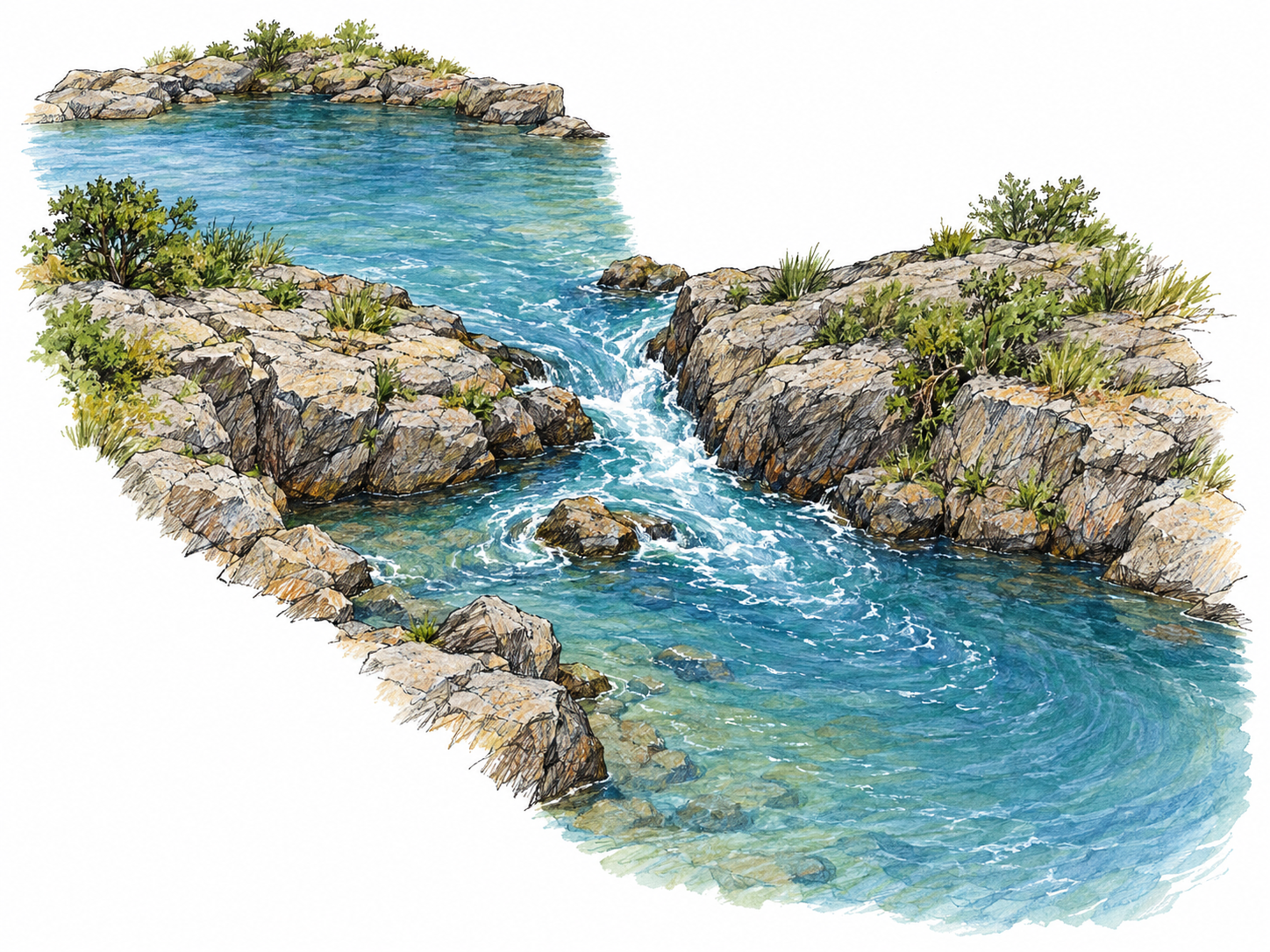 A narrow natural channel between two rocky banks visibly carries water from a wider upstream pool into a wider downstream pool.