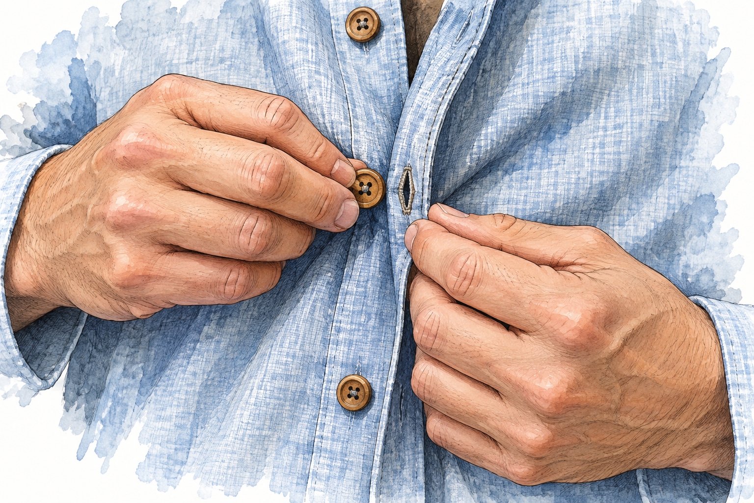 Close hands push round wooden shirt button through stitched buttonhole, correct fastener details and fabric texture.