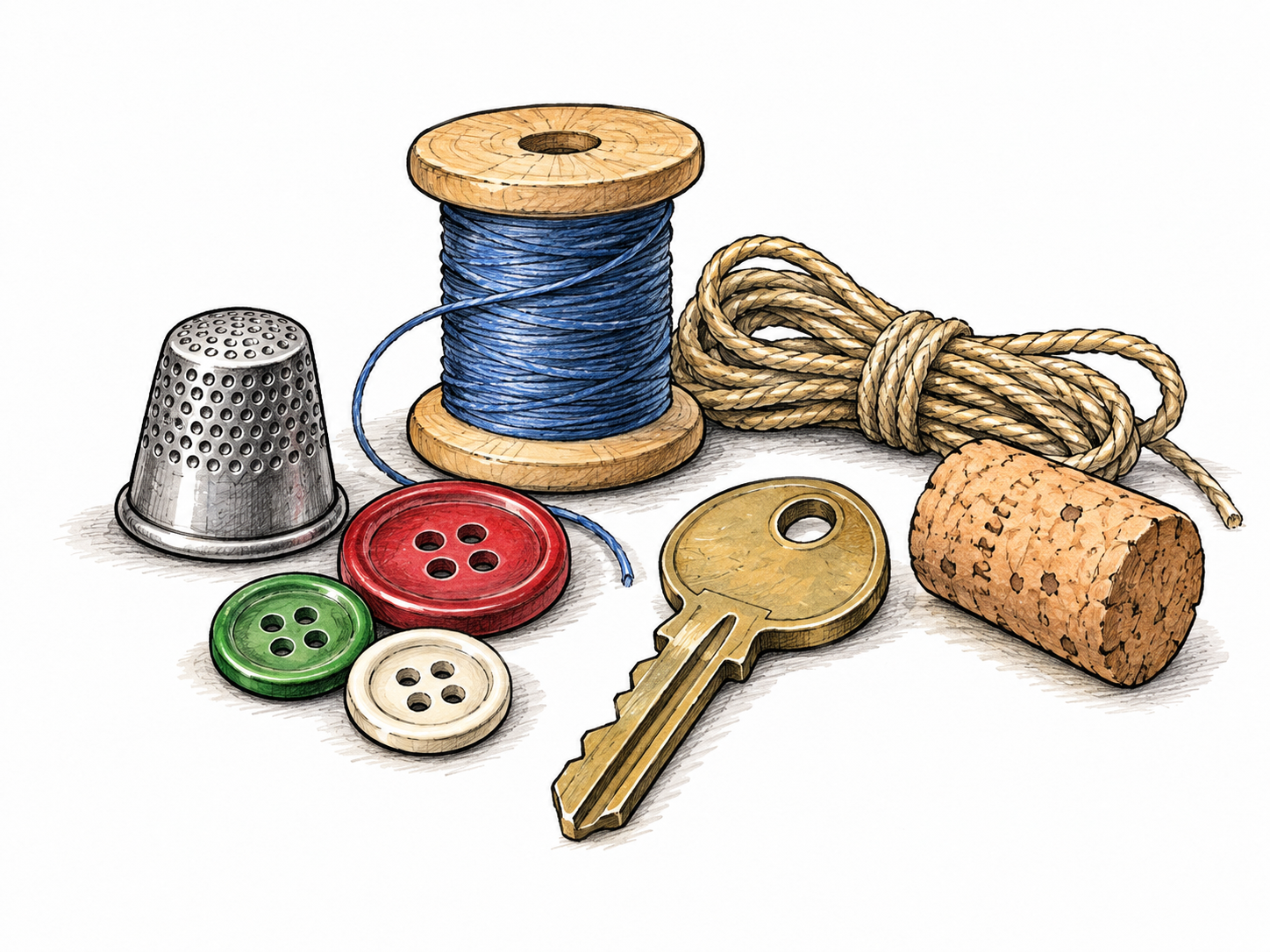 Small assorted useful objects: spool, buttons, thimble, cord, plain key and cork grouped loosely, no text.