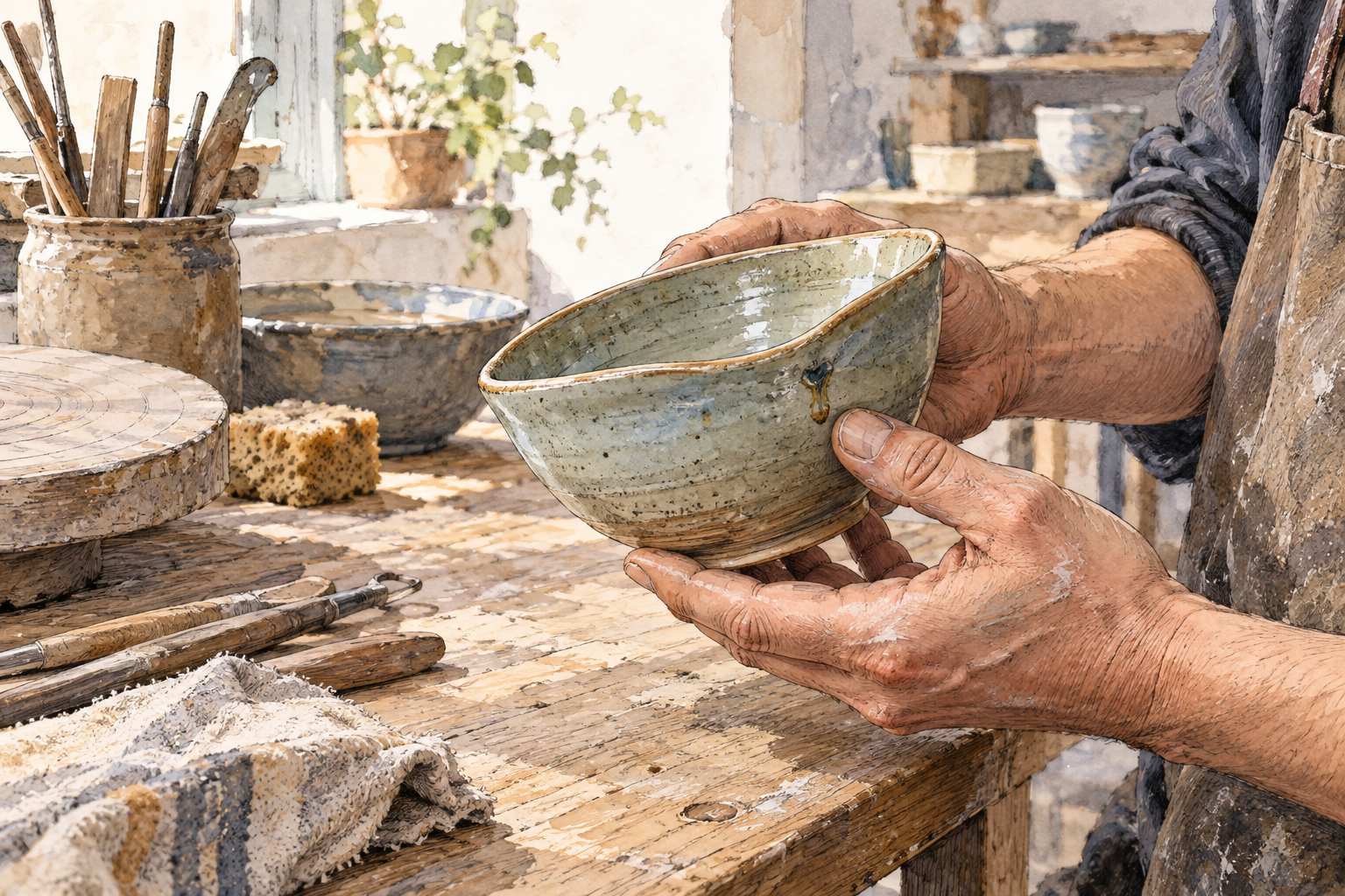 A handmade glazed ceramic bowl on a potter's workbench, usable but visibly slightly uneven lopsided rim and one small glaze blemish, potter's hands gently examine it.