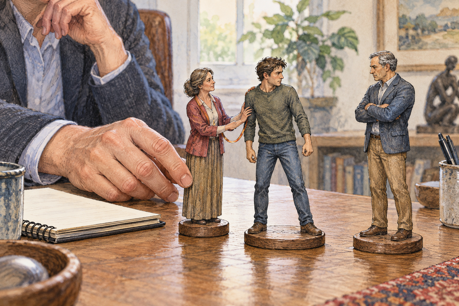Clinical psychology concept represented symbolically with three fully clothed adult theatrical figures on a small therapist's desk: adult offspring figure turned toward the mother figure with a small warm connecting ribbon, and a tense competing stance toward the father figure, triangular arrangement.