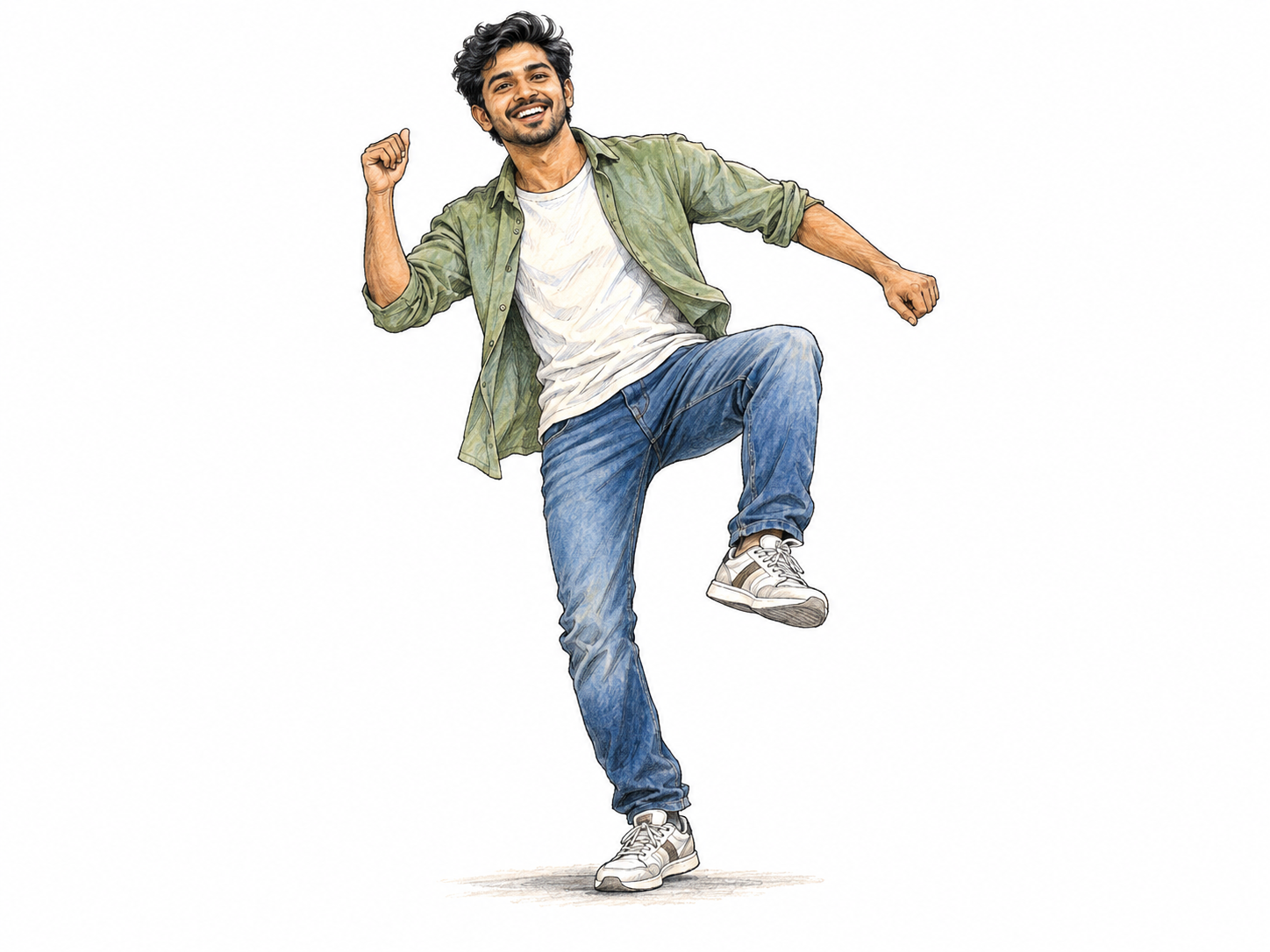 A young man dances with exuberant energy, caught in a buoyant high-knee step with swinging arms and an open, delighted smile.