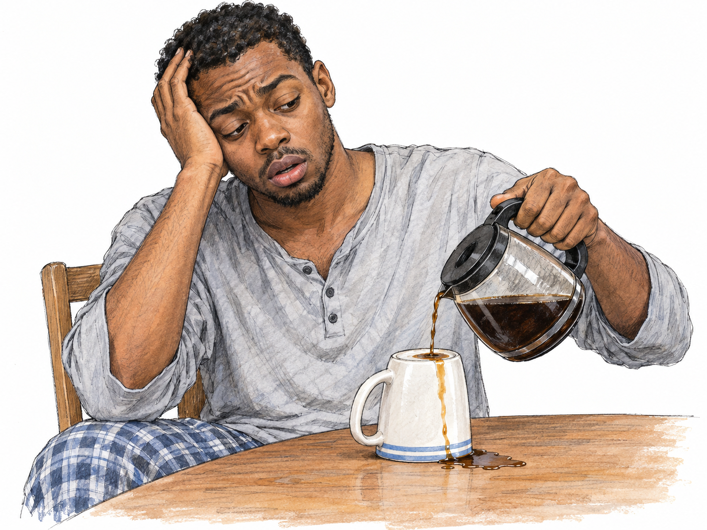 A groggy young man at breakfast tries to pour coffee into an upside-down mug, staring at the small spill with heavy eyelids and a bewildered expression.