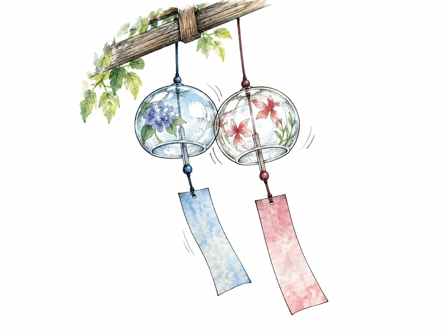 Two small hanging glass chimes lightly touch, delicate contact with subtle motion traces, no huge impact burst or words.
