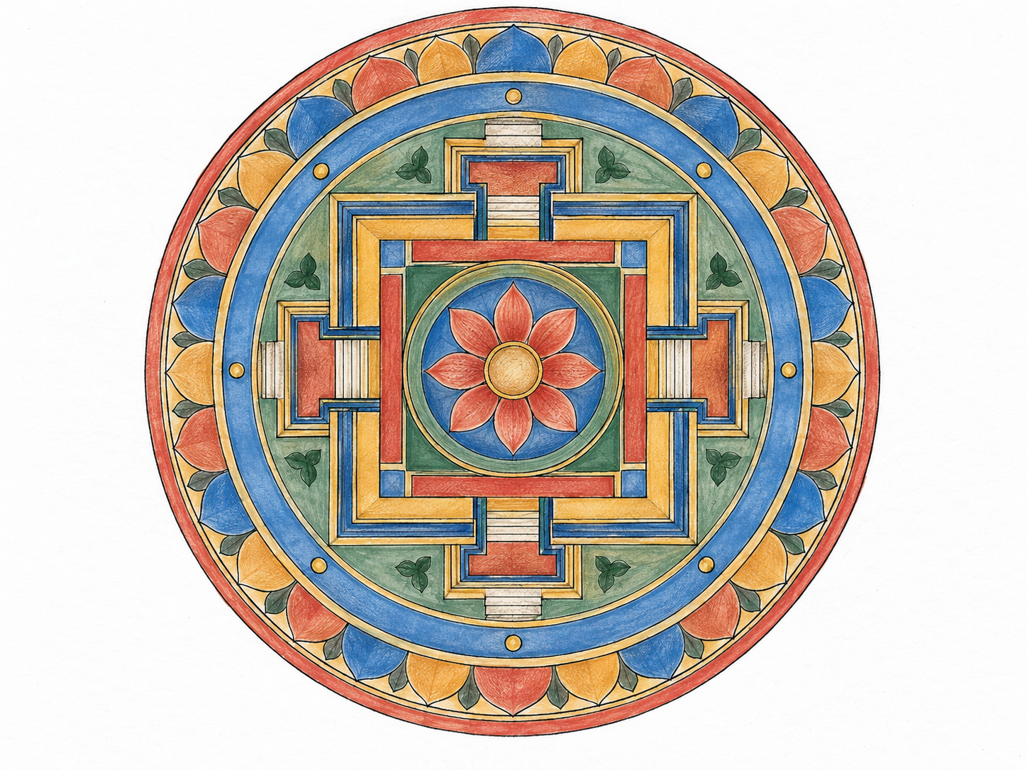 An isolated, carefully drawn mandala with concentric geometric rings, four cardinal gateways around a central square, and a central lotus motif; its ritual geometry distinguishes it from an ordinary decorative circle.