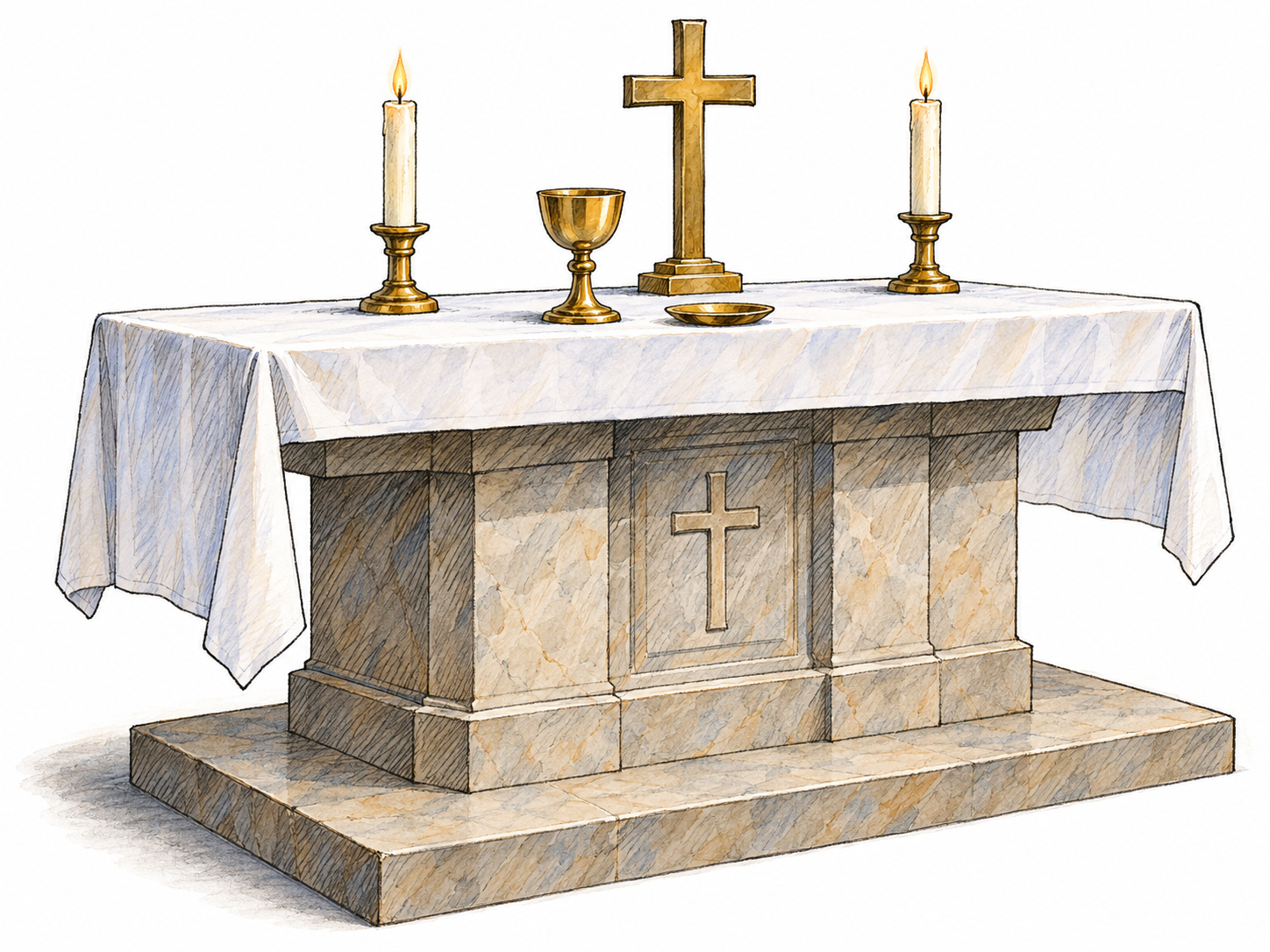 A freestanding stone church altar on a shallow raised platform, with a white altar cloth, chalice, paten, two lit candles and a prominent cross identifying its ceremonial use.