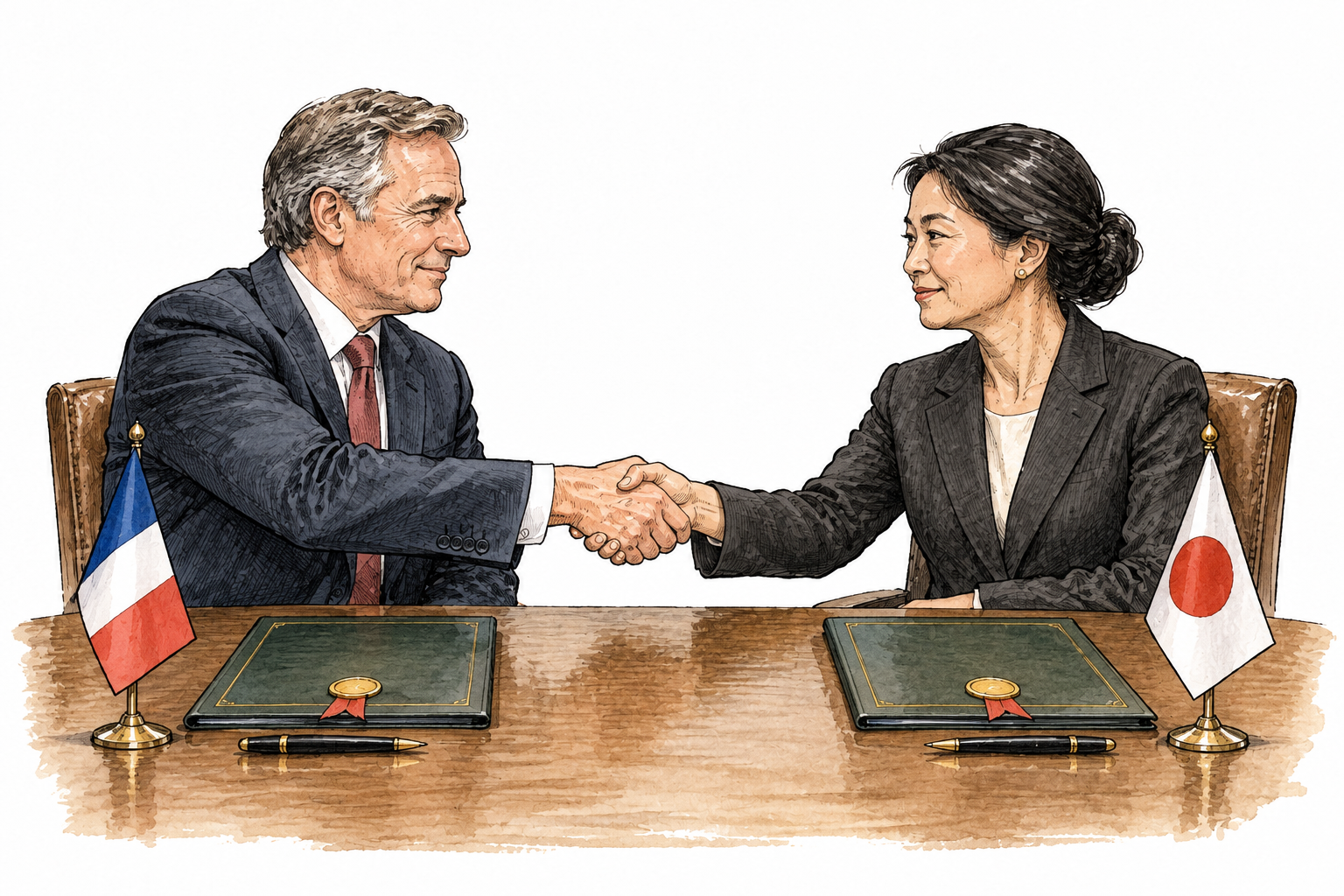 Two government delegates from different countries formally shaking hands across a table with sealed unlettered documents, subtle small national flags, no text.
