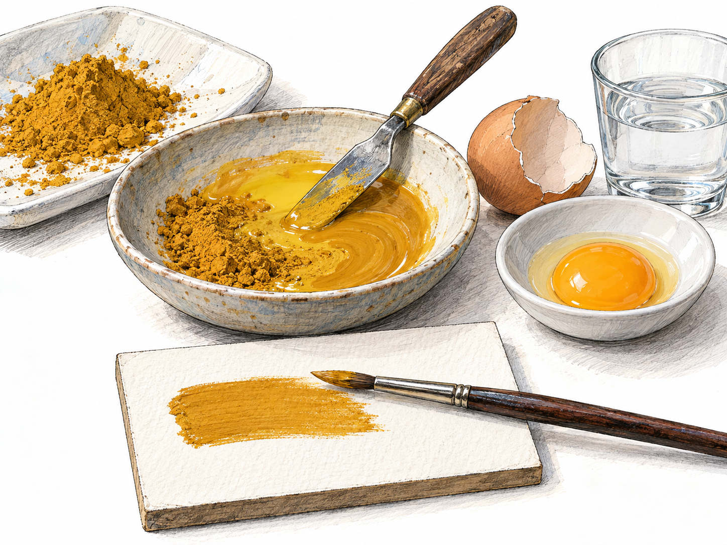 A close tabletop view of egg tempera preparation: dry ochre pigment, separated egg yolk, and water surround a mixing dish of smooth golden paint, with a brush and a freshly painted swatch showing the result.