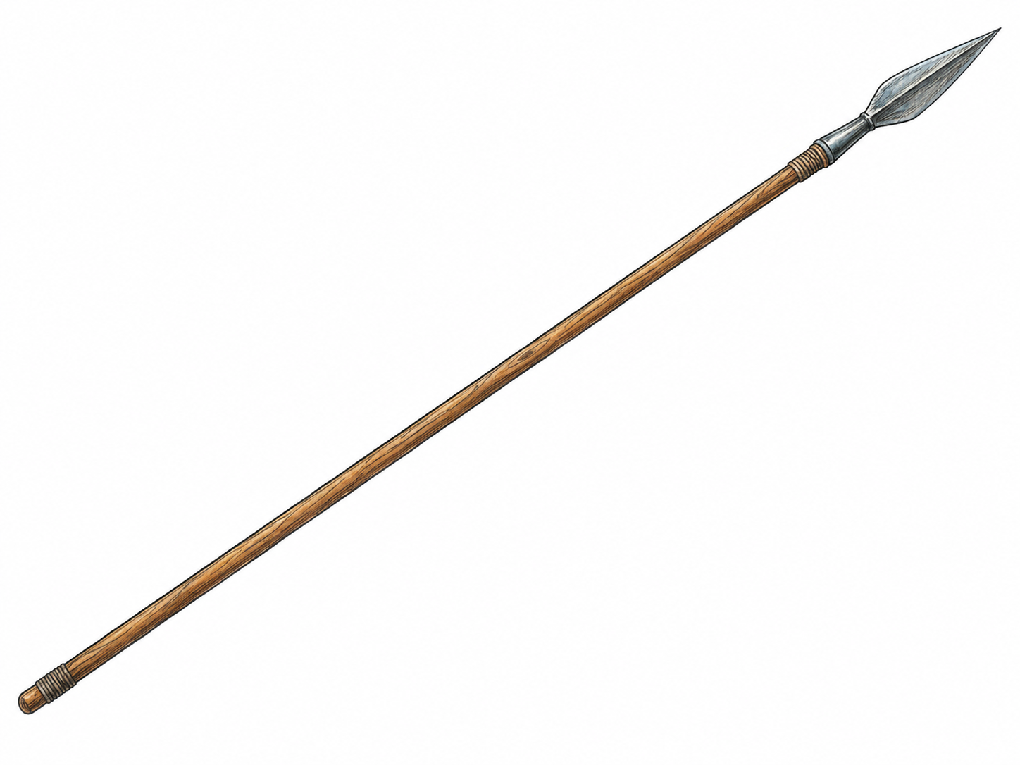 A single complete spear displayed diagonally, with a long straight wooden shaft and a securely fitted pointed metal head, isolated on white.