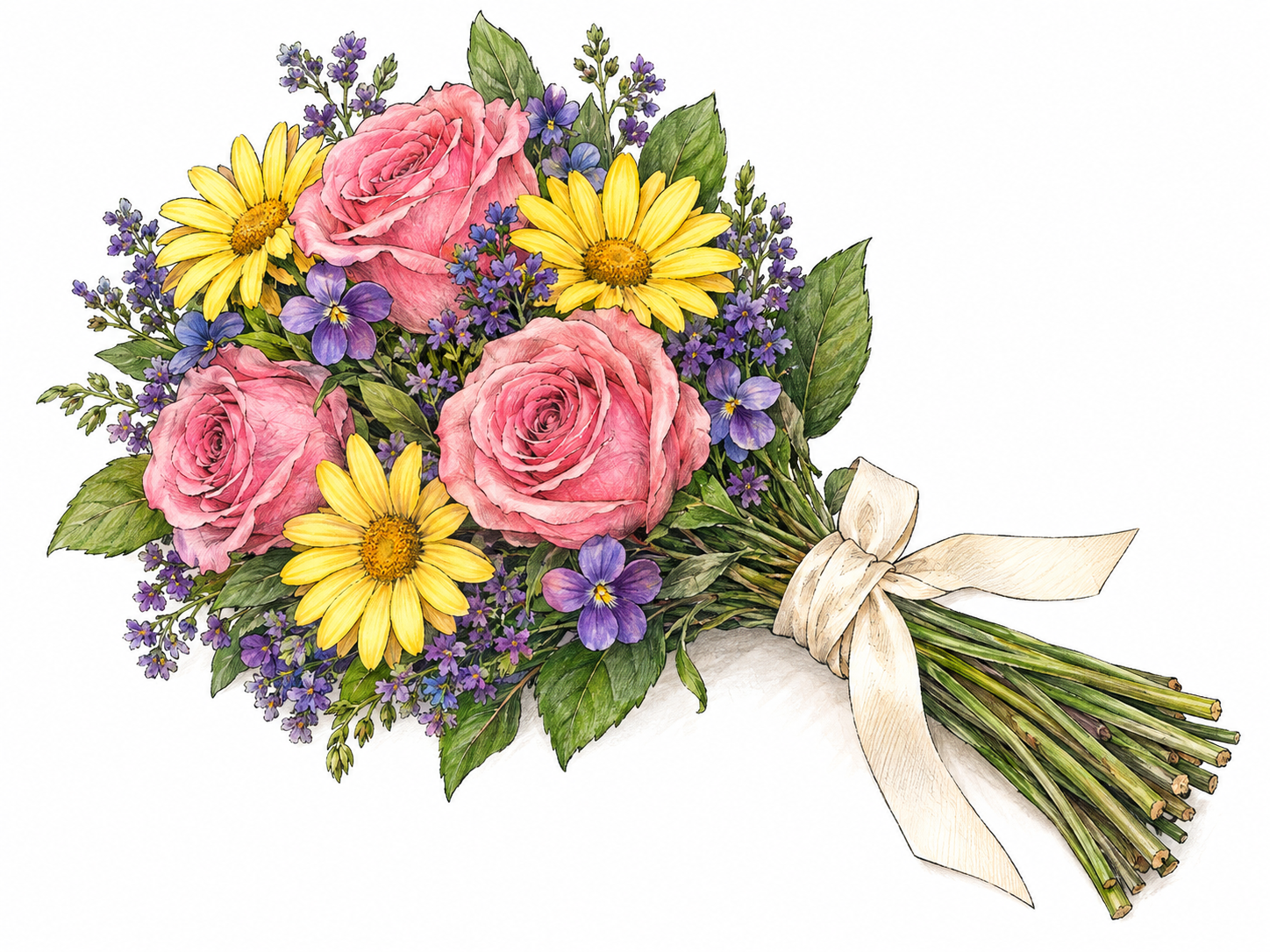 A single hand-tied bouquet of fresh flowers, with clustered blooms above stems visibly gathered and secured by a plain ribbon.