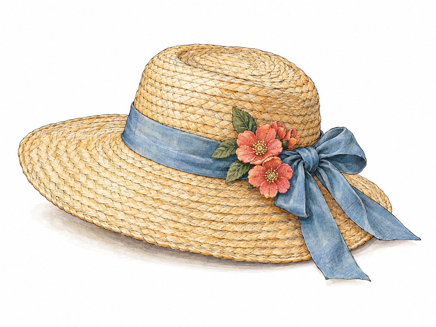 A plain straw hat embellished with a clearly attached silk ribbon and small cluster of decorative fabric flowers, making the added adornment the focal point.