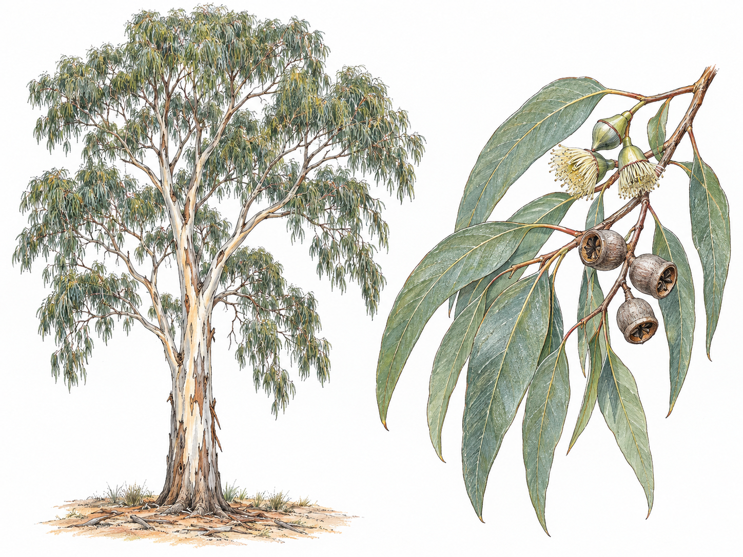A tall eucalyptus tree with a pale peeling trunk and airy canopy, paired with a foreground branch detail showing leathery lance-shaped leaves, capped buds, and woody gum nuts.